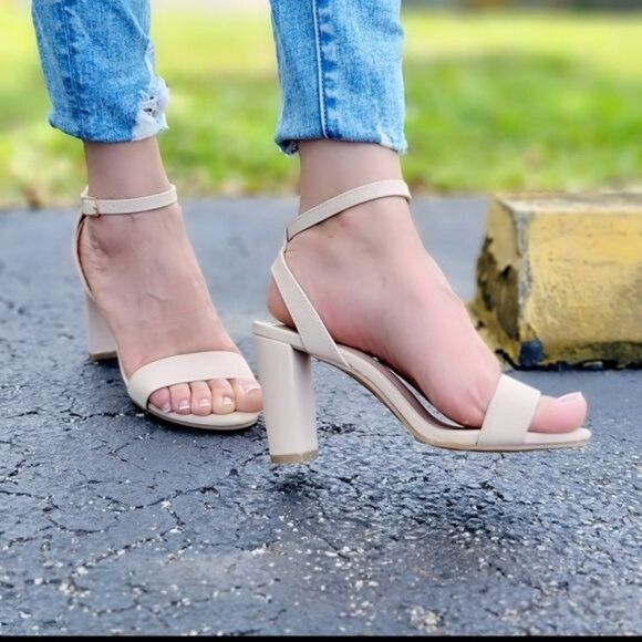 Womens Ankle Strap Chunky Block Heel Dress Sandals Nude Color - Picture 1 of 4